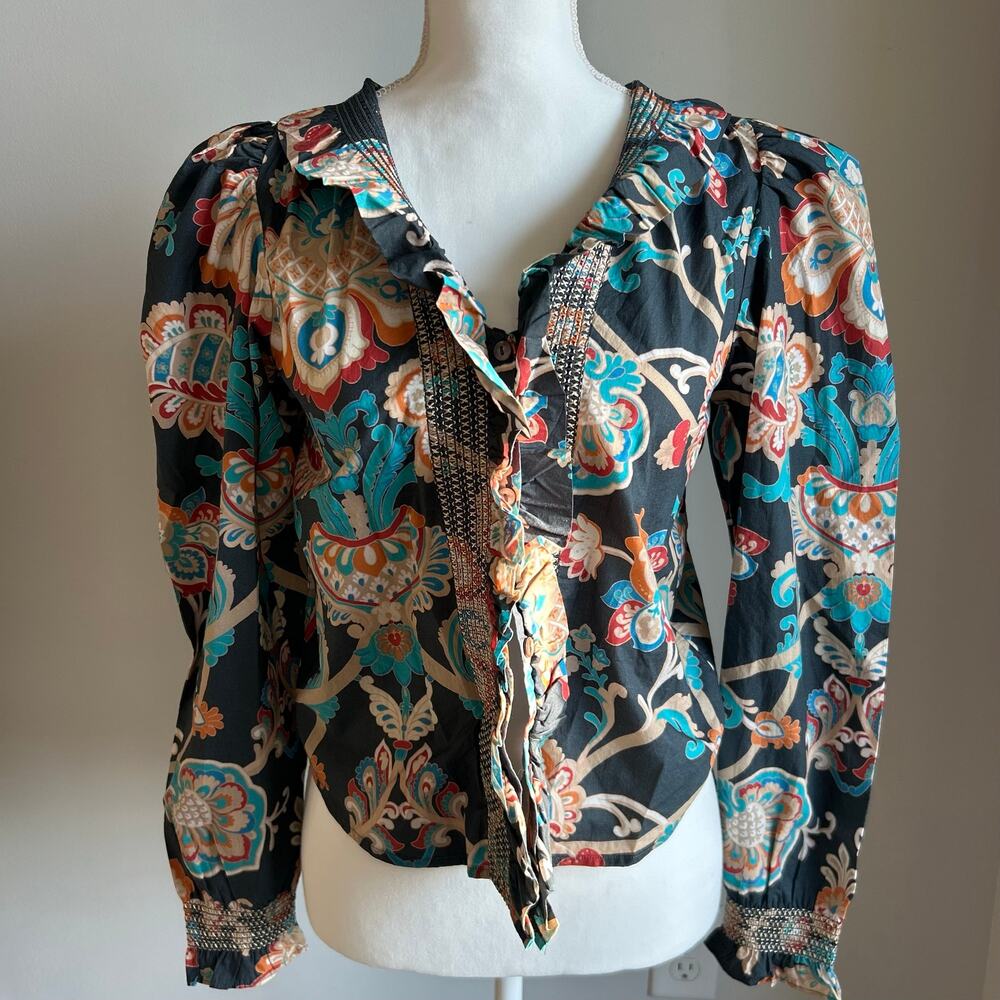 Love the Label Anthropologie Navy Gathered Ruffle Blouse Longsleeve Size XS